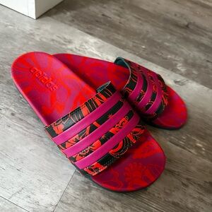 Adidas pink flower slides